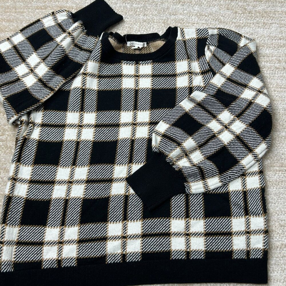 Cato Sweater Women 14 16W Black White Tan Plaid Pullover Crew Neck Long Sleeve